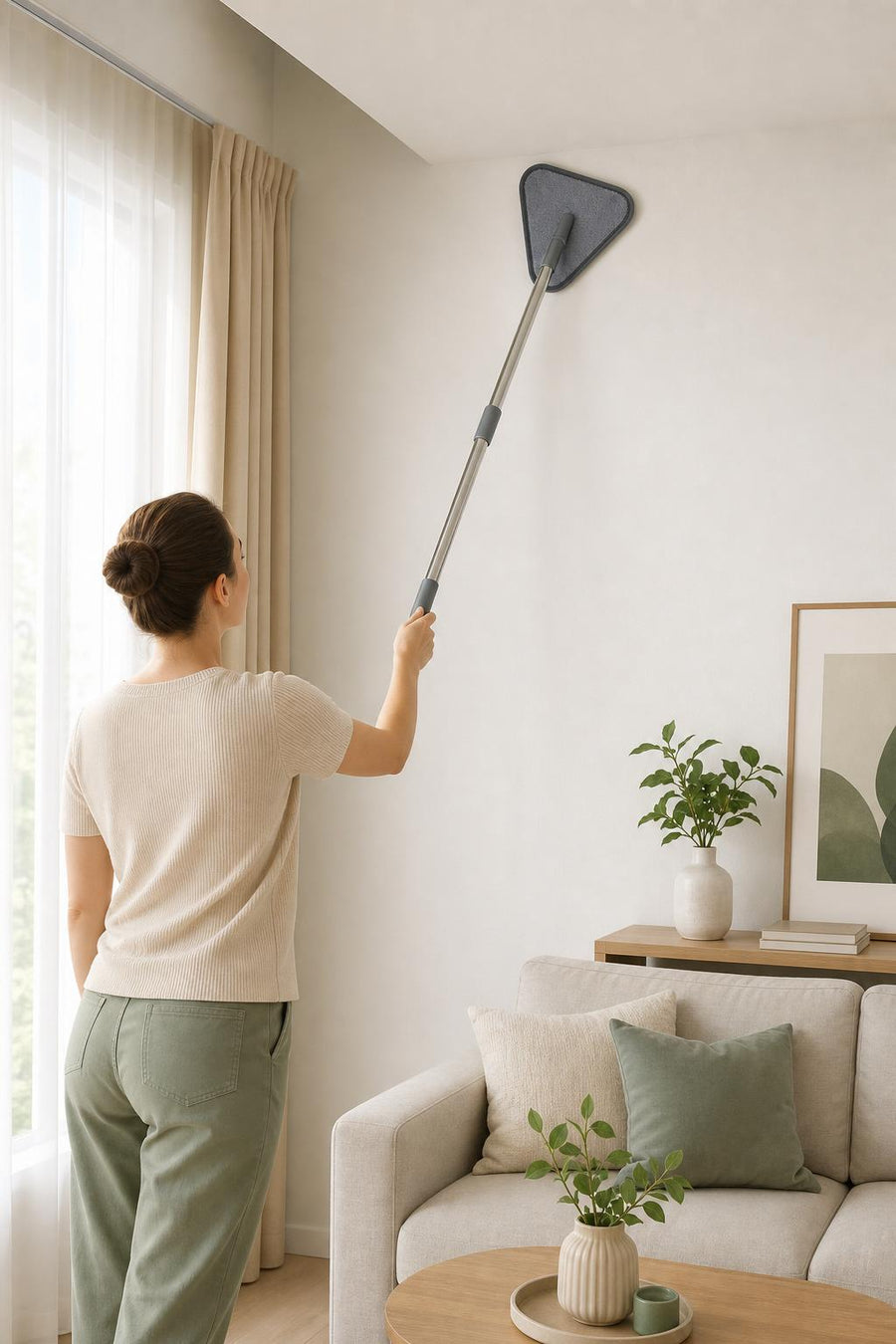 Wall mop cleaning a bright living room wall near the ceiling
