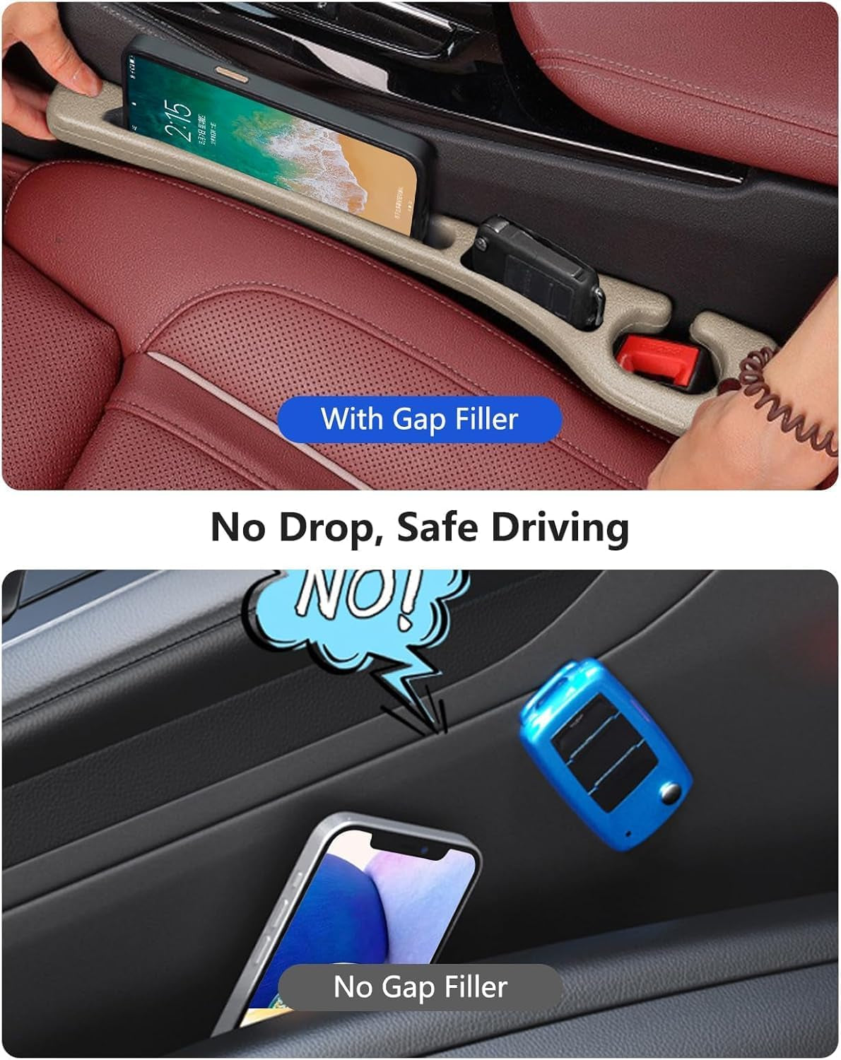 Car Seat Gap Filler 2 Pack, No Drop Seat Gap Plug with Dual Storage Slots, Blocks Phones Keys Coins, Flexible EVA Console Gap Filler Auto Accessories for Cars Suvs Trucks