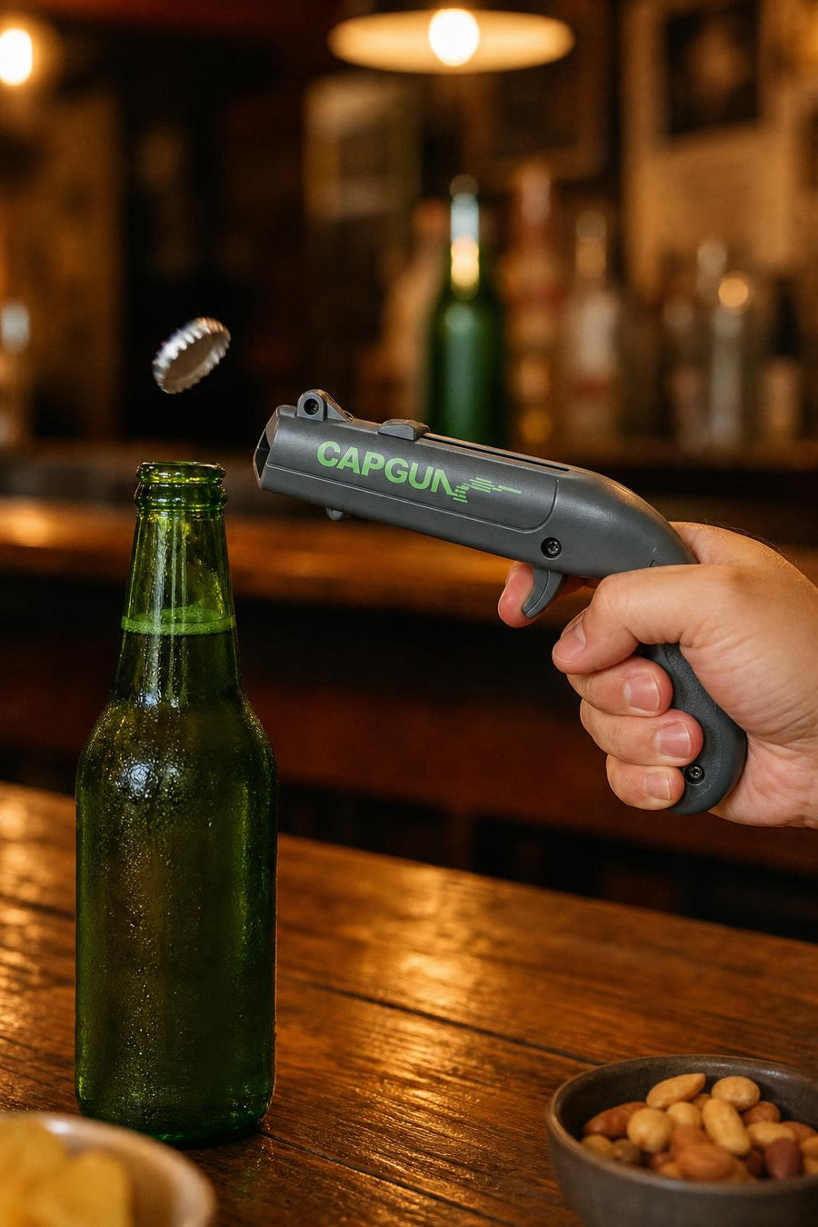 Cap Gun Bottle Opener popping a bottle cap into the air