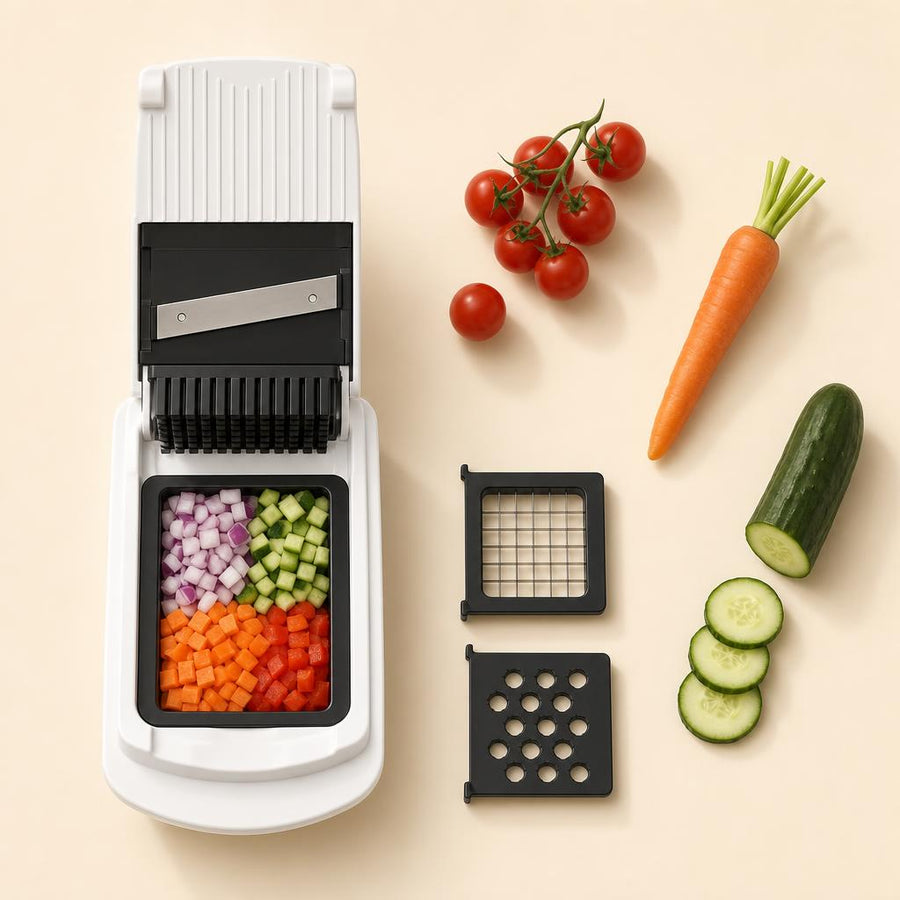 Veloqut vegetable chopper with blades and vegetables flat lay
