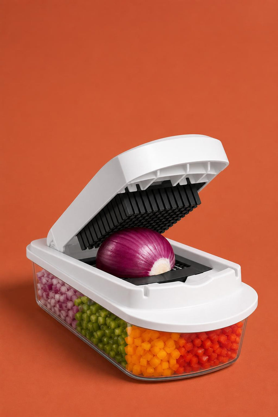 Veloqut vegetable chopper with diced vegetables